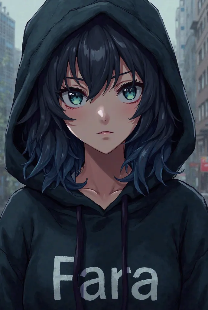 a women wearing a black hoodie and theres a printed name on it says FARA and her hair is wavy color is black and tint of blue in it and she's glaring at the camera (anime style) 