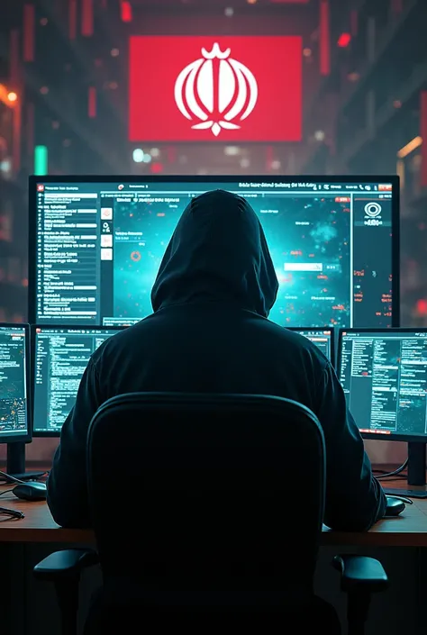 a hacker sitting behind a big screen giving his back with a cyber background and with force Al-Qods of palestine wallpaper