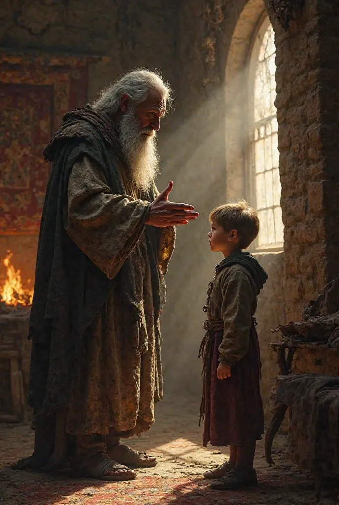 A medieval father giving advice to a young boy 