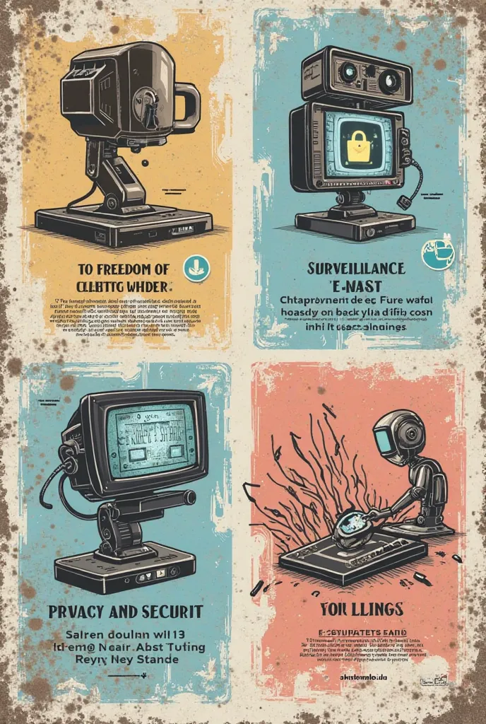 Can you make a poster out of this four issues: (1) Freedom of Expression and Censorship, (2) Privacy and Security, (3) Surveillance and Data Retention, (4) E-Pollutants from E-Waste. And address the safety regulations.

thankyouuu