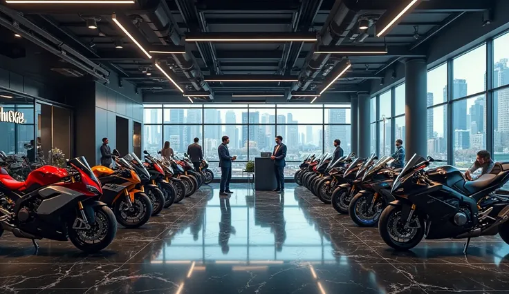 A highly realistic 4K cinematic image of a state-of-the-art luxury motorcycle dealership. The showroom is sleek and modern, featuring rows of high-end motorcycles including Ducati, BMW, and Harley-Davidson, displayed under cool white LED spotlights. The po...