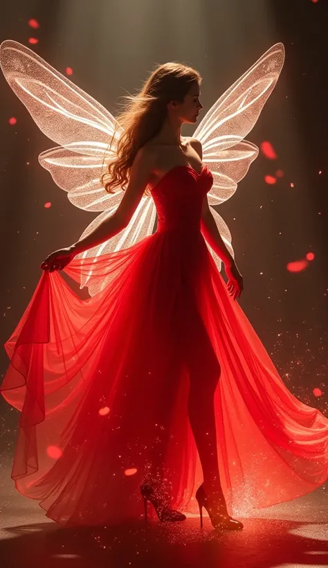 A beautiful woman with long flowing hair, , The elegant woman transforms into a stunning fairy,  her red dress become glowing reddish glowing with magical energy, her high heels vanishing into ethereal light. Delicate silver wings spread from her back, spa...