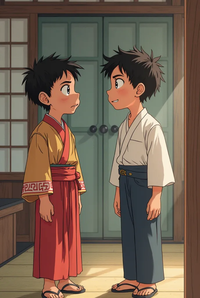 There are two boys in a japanese house . One of them is a japanese and another one srilankan .srilankan boy is wearing a kemona (japanese traditional clothes ) and another one wearing trousers and a shirt.the boy who wearing a kemona's face is little bit a...