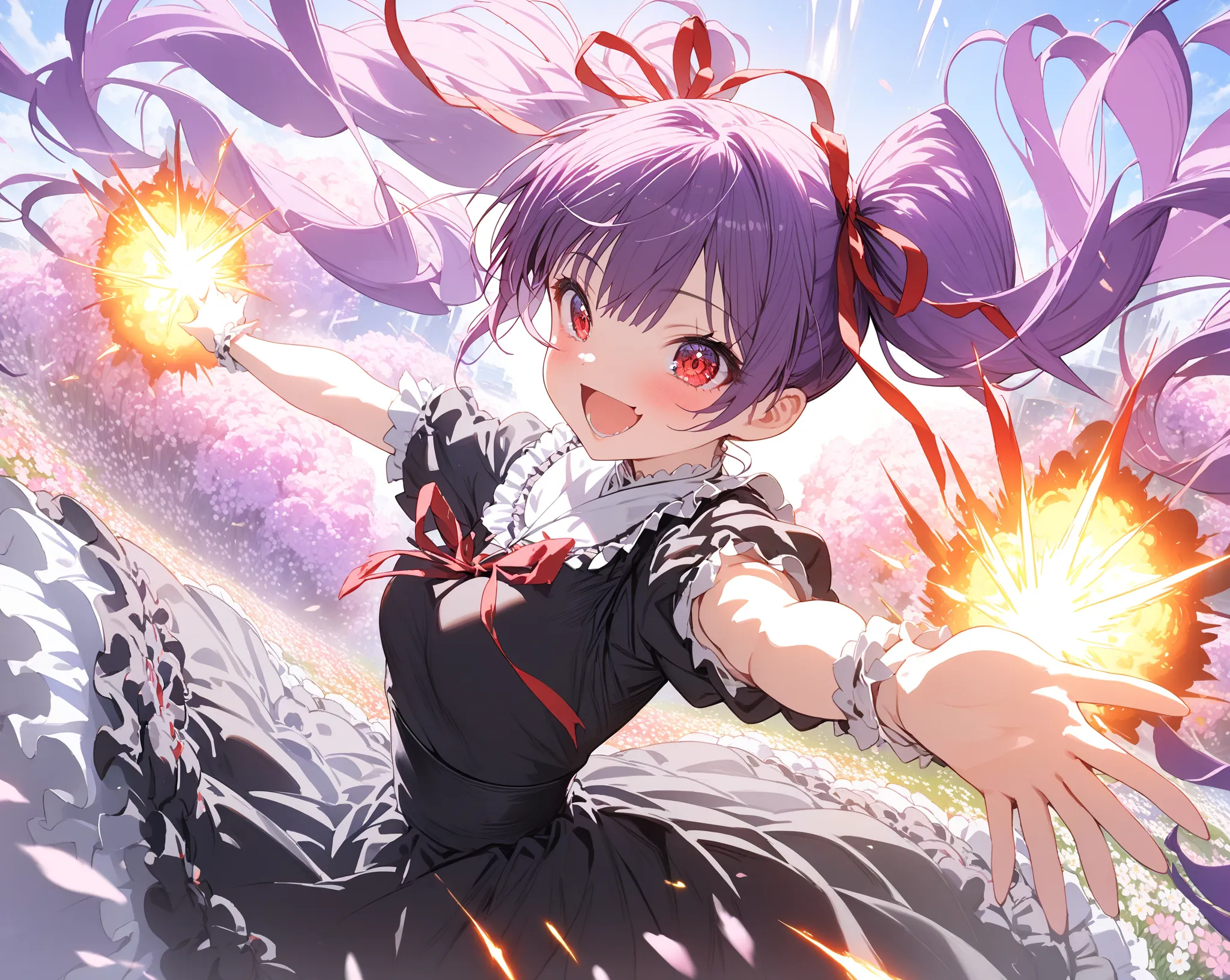 
1 cute girl, purple hair ,Red Eyes,smile, doya face,opens her mouth,twin tails from above, with 2 red ribbons on the head,black gothic lolita dress,Release the BIG ENERGY SPARK from both hands,Cherry blossom blizzard dances ,explosion,flower meadow,battle...