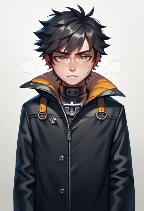 score_9, score_8_up, score_7_up, score_6_up, score_5_up, score_4_up, , a young man in his 20s with a emotionless expression and cold dead grey eyes that have a dim glow he has medium messy dark hair he wears a long black coat like jacket with a high collar...