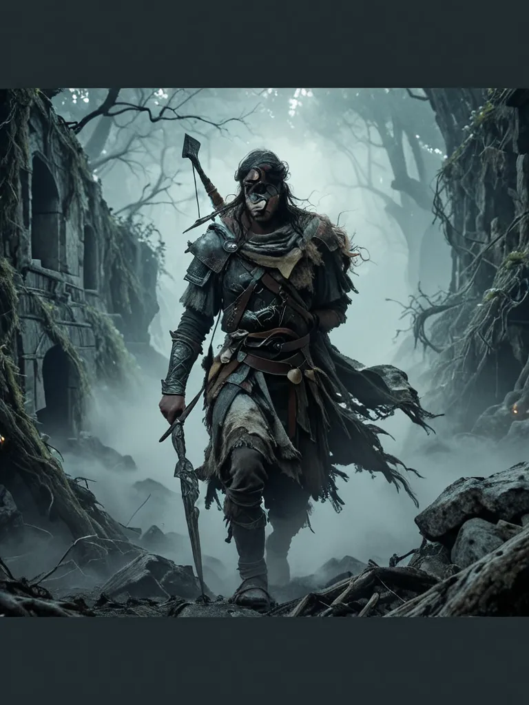 A dramatic dark fantasy scene in Elden Ring style,  Two warriors are present  landscape. The one-eyed warrior is carrying a fully hunted deer on his back—the deer is already dead. He has black hair, receding at the sides, and one eye covered with a cloth b...