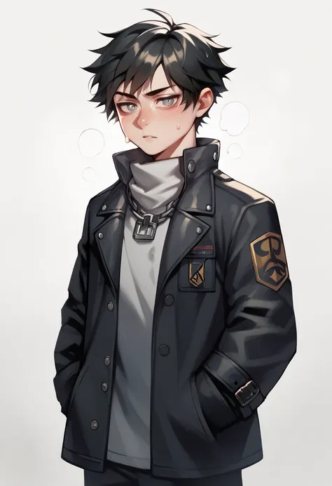 score_9, score_8_up, score_7_up, score_6_up, score_5_up, score_4_up, , a young man in his 20s with a emotionless expression and cold dead grey eyes that have a dim glow he has medium messy dark hair he wears a long black coat like jacket with a high collar...