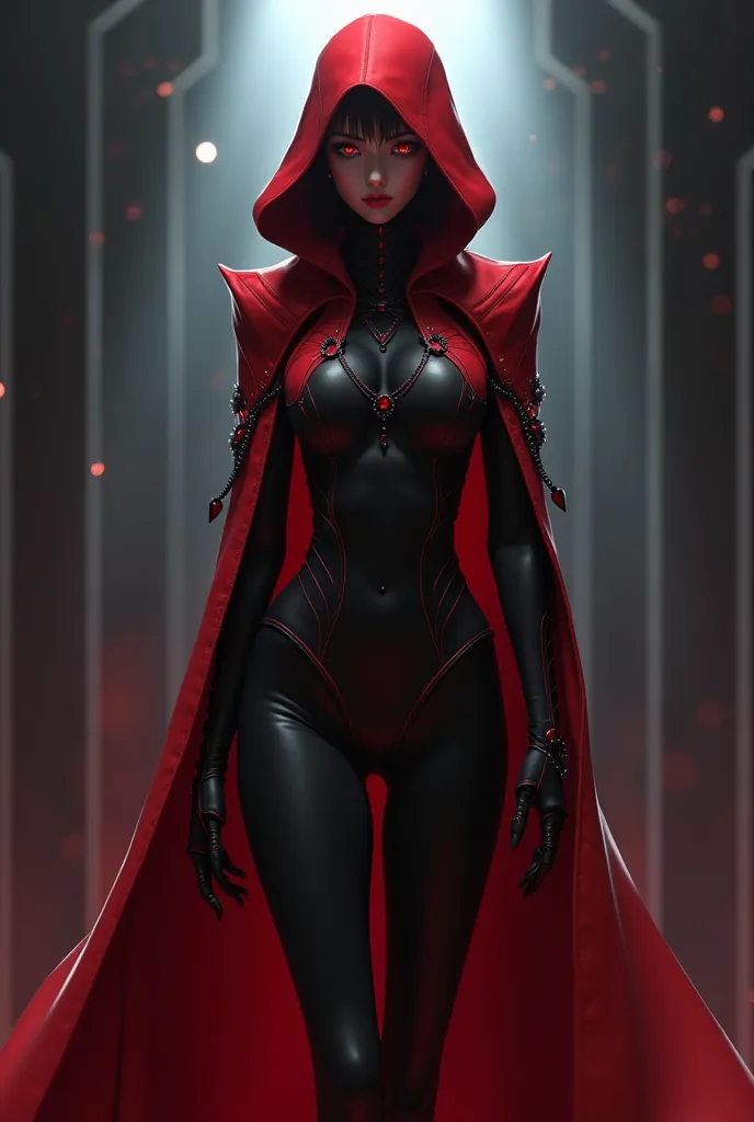 An anime villian women with a red and black outfit cover over all body 