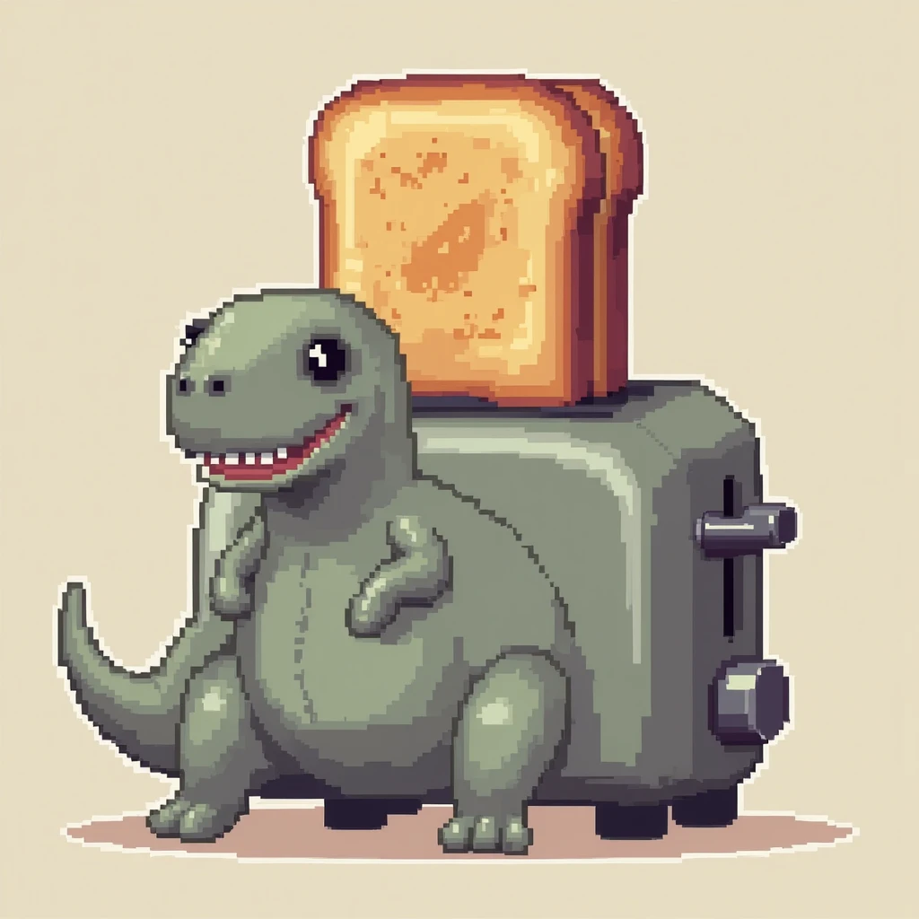 Create a clever and nostalgic design for a “Toast-asaurus Rex” print, featuring the iconic pixelated T-Rex from the Google Chrome “No Internet” game. The T-Rex should be creatively incorporated into a toaster, with its body forming the shape of the applian...