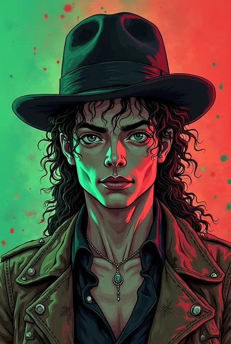  emerald green and red gradient background 、Create an image of Michael Jackson in the anime style of JoJo's Bizarre Adventure. Ford's Old Rusted Truck Spray Art Masterpiece, has won numerous awards, American style promotional poster, Artistic, 