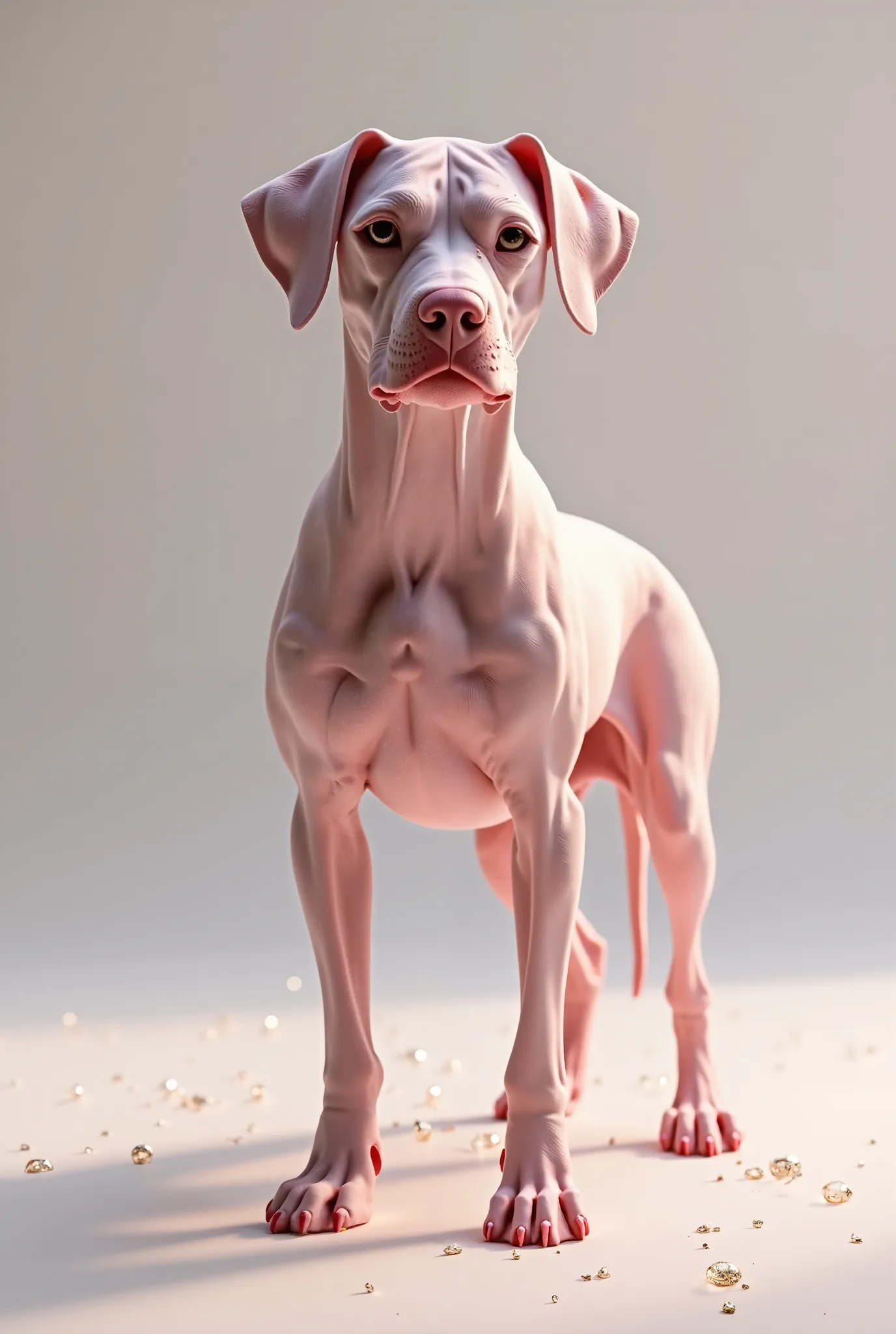 boxer dog without hair completely bald skin soft pink body soft pink body glitters fleshy female stands on 4 legs high definition