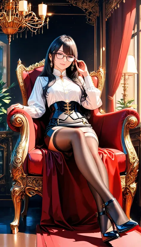 A confident and elegant woman with long, flowing black hair and glasses, sitting on a luxurious red and gold throne in a dimly lit, classical-style room. She wears a tight white blouse, black leather corset with gold buckles, a short black leather skirt, s...