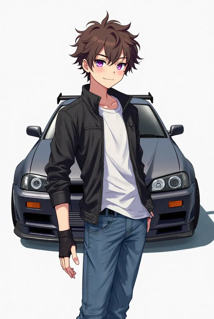 anime style,  Anime Boy, creamy skin, curly brown hair, purple eyes, white shirt, black leather jacket over shirt, blue jeans, black fingerless gloves, behind the character is a black racing version of the Nissan Skyline GT-R, white background 