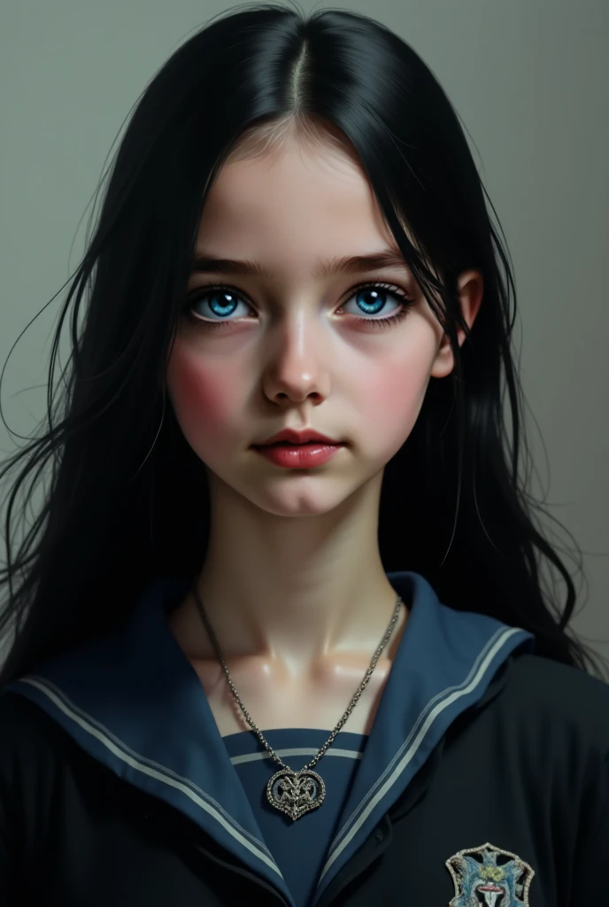 Black hair, blue eyes, white skin, wearing a necklace, wearing a Hogwarts school uniform.