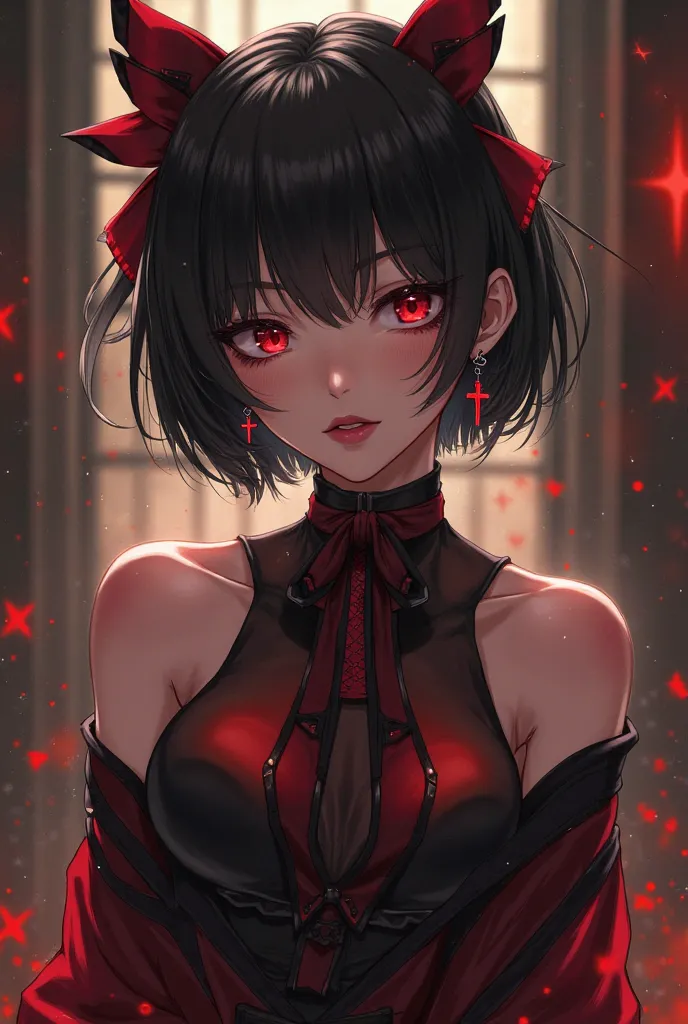 A black-haired woman, her hair is not very long, red eyes, wearing a black and red dress, and a red and black bow tied in her hair. Anime mafia, small chest, has cross-shaped earrings.