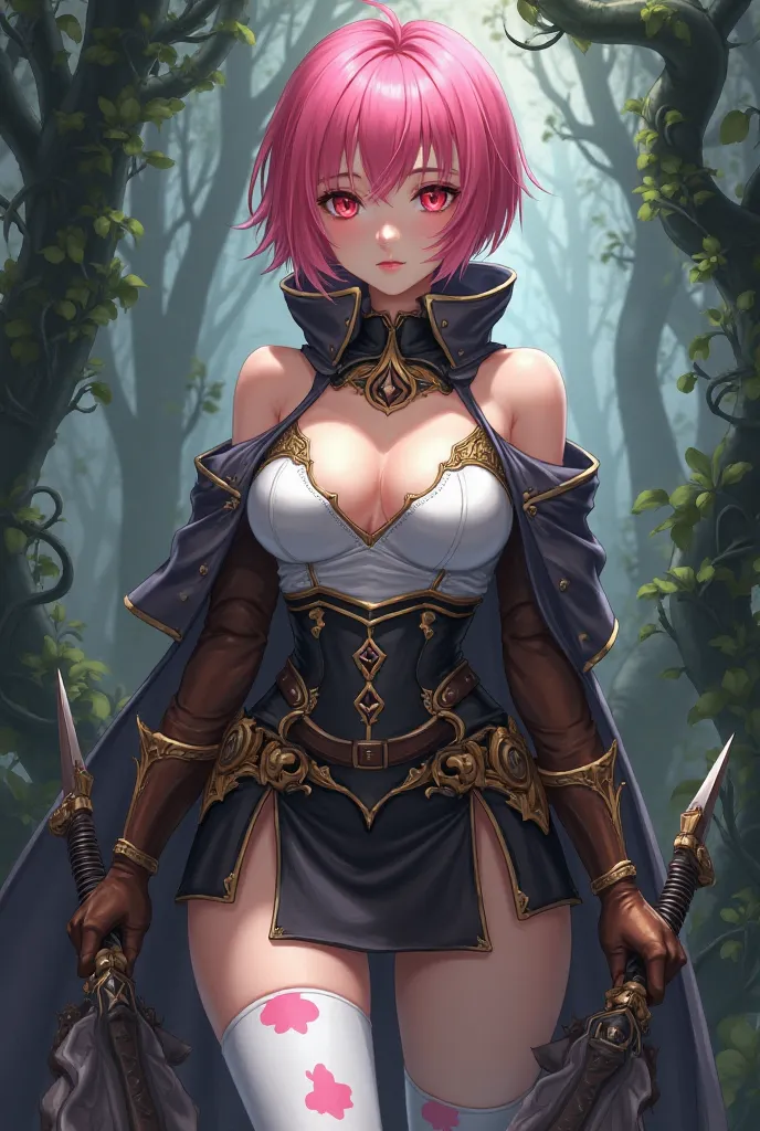 This is a highly detailed photograph semi-realistic, anime-inspired style. The central figure is a young woman with short, vibrant pink hair, cut in a bob style, and striking red eyes. She has a slender, athletic build with large, well-defined bobs, and he...