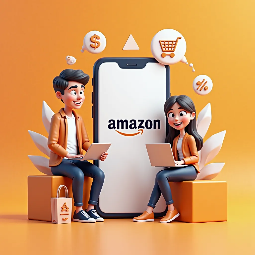 A high-quality, modern 3D cartoon-style digital illustration representing an Amazon Virtual Assistant course. At the center, a large smartphone screen prominently displays the Amazon logo along with a shopping cart icon, symbolizing e-commerce management a...