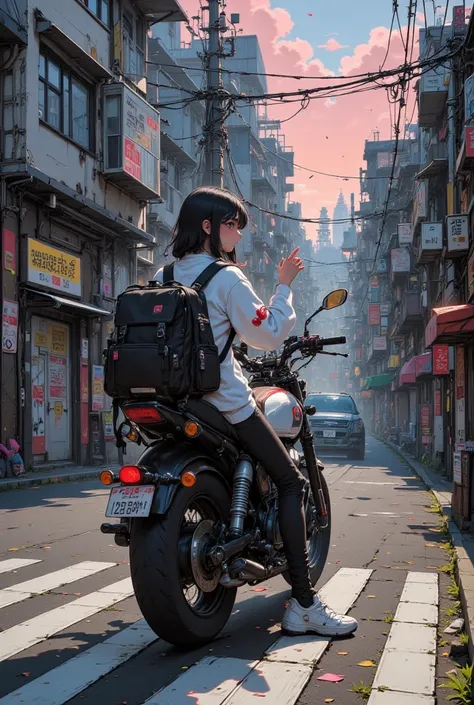 girl crossing a motorcycle, Looking back on me ,  smile and wave, street corner in a Japanese suburb, motorcycle tail lamp is clear, Morning light before dawn,   a large backpack  ,  luxurious fabric to sit on a gothic throne , exhaustive,  full color illu...