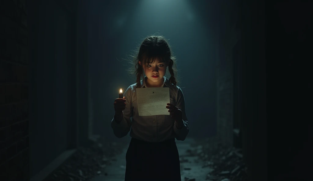 "A young girl stands alone in utter darkness, holding a flickering torch in her hands. The narrow beam of light illuminates a paper in front of her, capturing her shocked and terrified expression as she reads its contents. Her eyes are fixed on the paper, ...