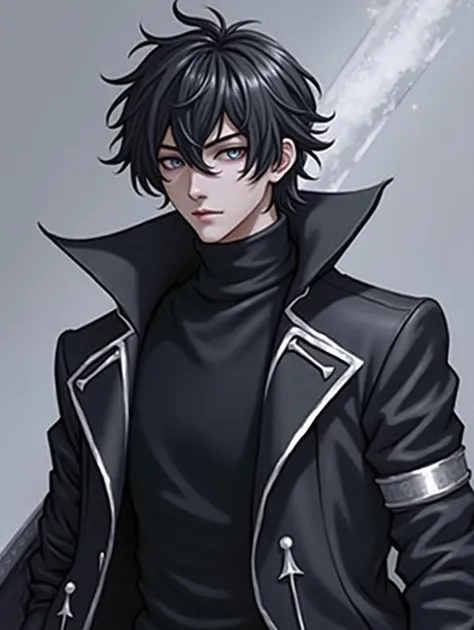 score_9, score_8_up, score_7_up, score_6_up, score_5_up, score_4_up, , a young man in his 20s with a emotionless expression and cold dead grey eyes that have a dim glow he has medium messy dark hair he wears a long black coat like jacket with a high collar...