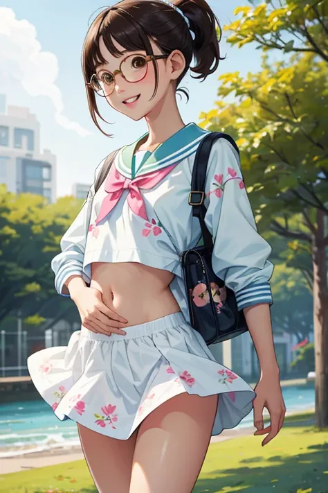 Highest quality，high image quality 、 detailed background、  Fisheye ， young girl， very small girl ，( Two young s:1.5)、 Very short， Body，brown hair、Baby Face，Glasses，bob cut 、Beautiful woman with ponytail 、 flat chest:1.3、Very Small Back ,belly button， Flora...