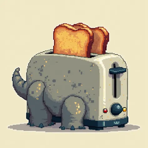 Create a playful and nostalgic pixel art design for a “Toast-asaurus Rex” print that emphasizes the pun in the name. Design a toaster shaped like the iconic T-Rex from the Google Chrome “No Internet” game. The toaster’s slots should form the dinosaur’s mou...