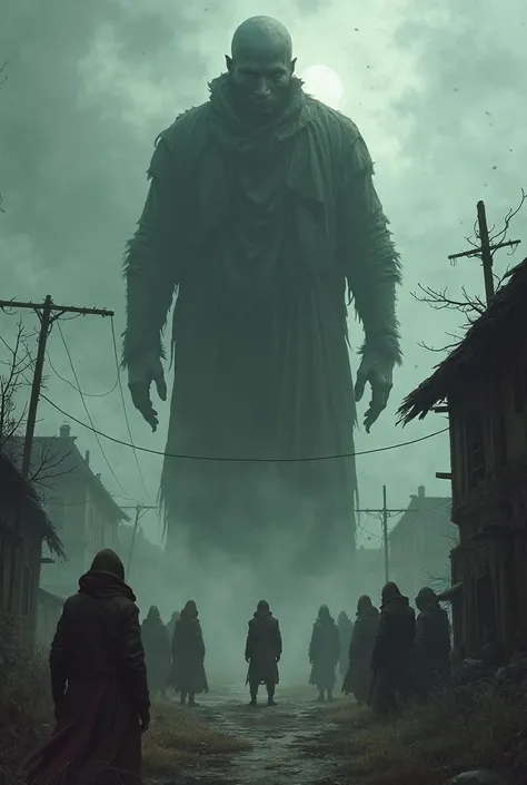 The giant, faceless boy stands alone on the outskirts of a dark, eerie village. The peasants watch him from a distance, their faces filled with fear and hatred.