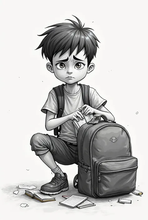 make a sketch in which grade 3 boy is unhappy trying to throw stuff in his small bagpack