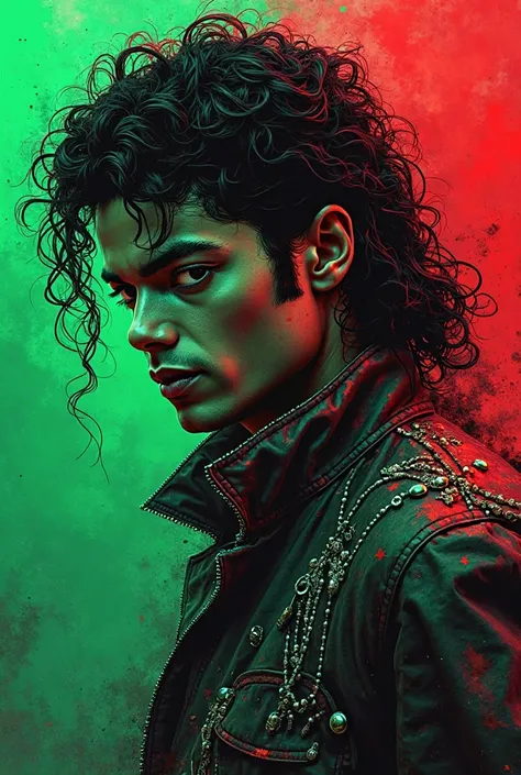  emerald green and red gradient background 、Create an image of Michael Jackson in the anime style of JoJo's Bizarre Adventure. Spray Art Masterpiece on Ford's Old Rusted Truck, has won numerous awards, American style promotional poster, Artistic, 