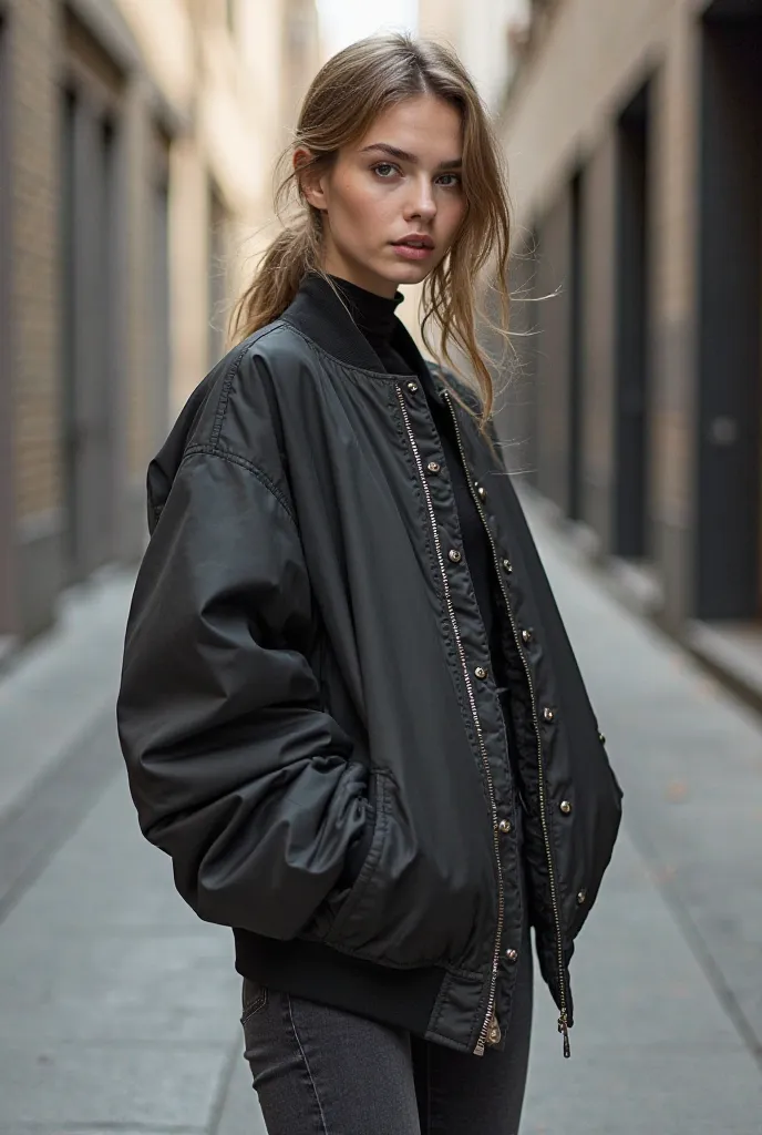 Oversized bomber jacket female wearing it 