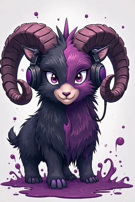 Bad ass cartoon anime ram animal head with gamer headphones on, head split into two by black and purple goo