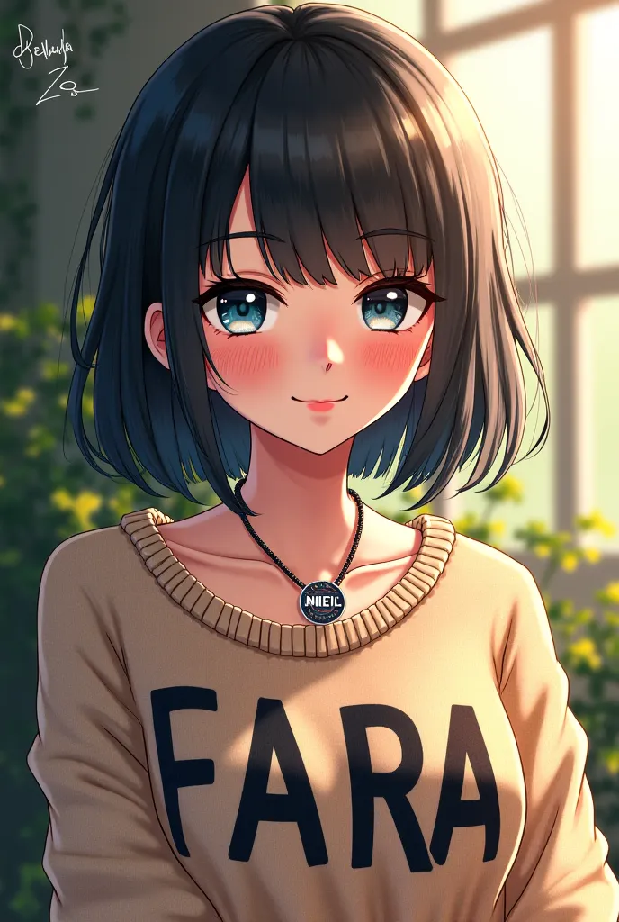 A women is wearing a sweater and there's a printed name on it says FARA (full letters) and she has a necklace that has name on it says Niel and her eyes are dark blue (anime style) 