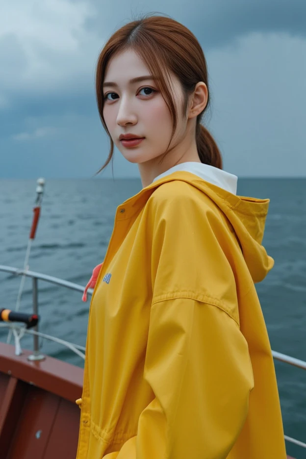 (masterpiece:1.2), best quality, photo of beautiful female fisherman, gingerhair, 40yo, wearing yellow raincoat,  (on fishing boat:1.3),  dark clouds, Photorealistic, Hyperrealistic, Hyperdetailed, analog style, hip cocked, demure, low cut, detailed skin, ...