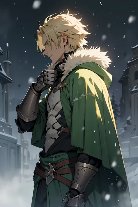 male Human aduld; longe Blonde Hair; green Eyes;dark green armor decorated with bones;glowing inside ribcage; fur collar; green cloak; dark green gauntlets; holding a Hugh Sword; snowing; sideview; desert;
