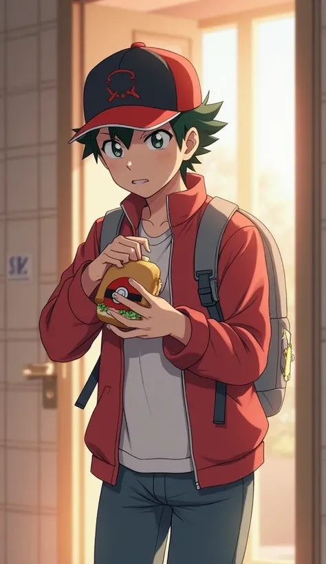 Satoshi rushes to the kitchen, his red jacket slightly unzipped, revealing the white undershirt beneath. He quickly grabs a sandwich while adjusting the straps of his gray backpack. As he chews, he pulls out his improved Poké Ball, its surface gleaming in ...