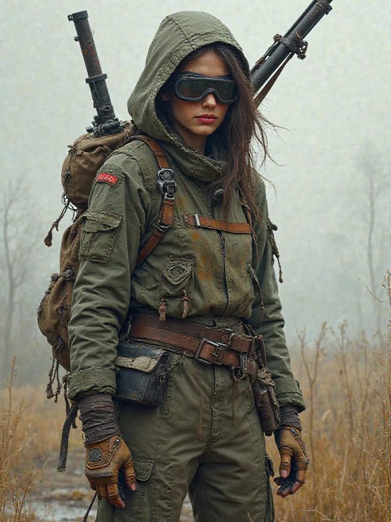  Create a post-apocalyptic scavenger character In Westland, Digital painting style, 8k details, Female, Late s,  trash bag severe and weary of the world ,  clothes made from everything she can find , goggle, maybe a hood , carrying a bag ( or maybe a rope ...