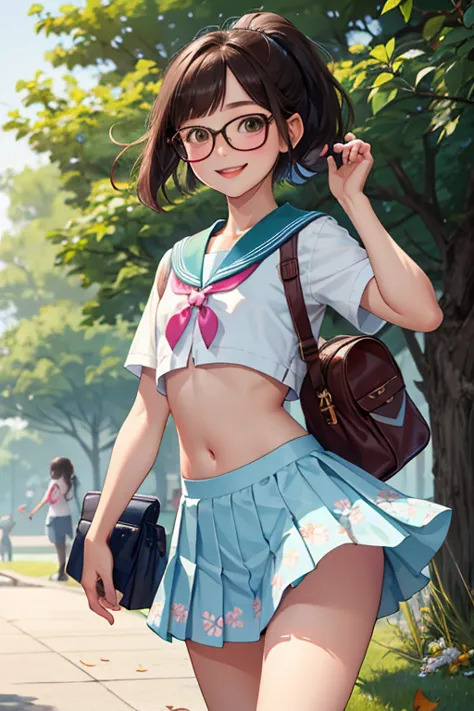 Highest quality，high image quality 、 detailed background、  Fisheye ， young girl， very small girl ，( Two young s:1.5)、 Very short， Body，brown hair、Baby Face，Glasses，bob cut 、Beautiful woman with ponytail 、 flat chest:1.3、Very Small Back ,belly button， Flora...