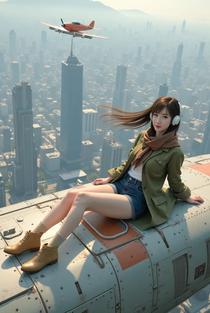 A young East Asian woman, approximately 20 years old, reclines leisurely on a futuristic, light-blue-gray old plane over a sprawling city. She wears an olive green military-style jacket, navy blue shorts, and a brown scarf. She has gold ankle boots and lig...