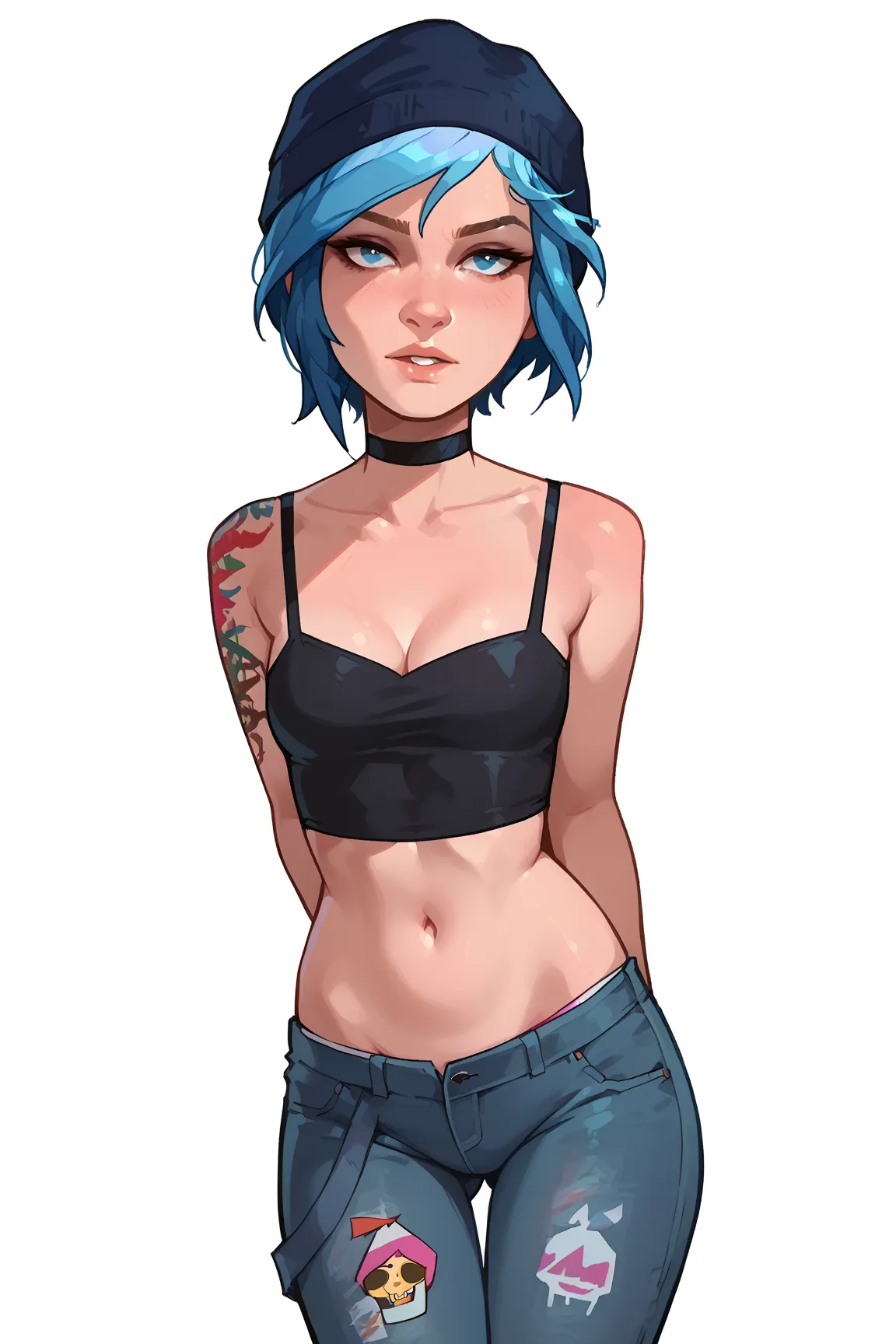 score_9, score_8_up, score_7_up, 1 chica, Chloe Price,  adolescente, cartoon of a girl, solo, sexy, tatuaje, tanga, choker, slutty, Big blue eyes, blue hair, short hair, jeans, black tube top, cleavage, small breast, wide hips, thighs, hands behind head, s...