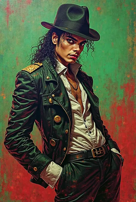  emerald green and red gradient background 、Create an image of Michael Jackson in the anime style of JoJo's Bizarre Adventure. Spray Art Masterpiece on Ford's Old Rusted Truck, has won numerous awards, American style promotional poster, Artistic, 