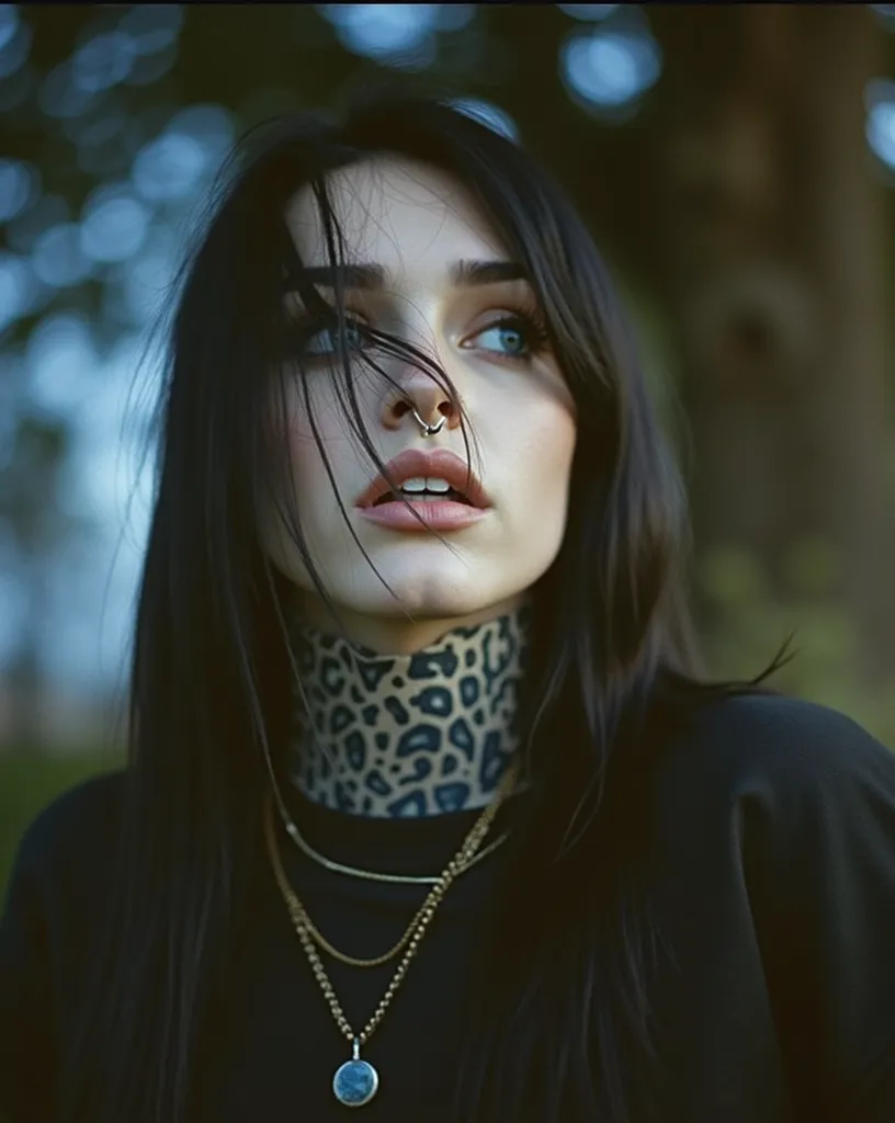 an image of a girl with very long black hair, 1girl, solo, long hair, blue eyes, black hair, jewelry, parted lips, necklace, blurry, lips, blurry background, piercing, realistic, nose piercing, lip piercing, simple yellow background 