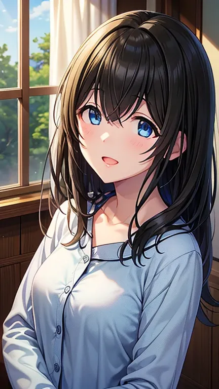 Highest quality、High Resolution、high image quality、High Resolution、 sports gym、(Sagisawa Fumika , The Idolmaster, blue eyes,  black hair, hair between eyes,long hair,  hair in front of me,、glossy lips、Glowing Skin、Realistic Skin Textures、 cute pajamas for ...