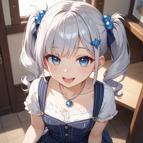  Silver Hair、small hair ornament、twin tails from above、long hair、 eye larger、Keep the outer corner of your eye high 、lashes slightly longer、Small nose、Open your mouth slightly、smile、18 years old、Lean forward、Short sleeve、Chest Exposure、 pendant