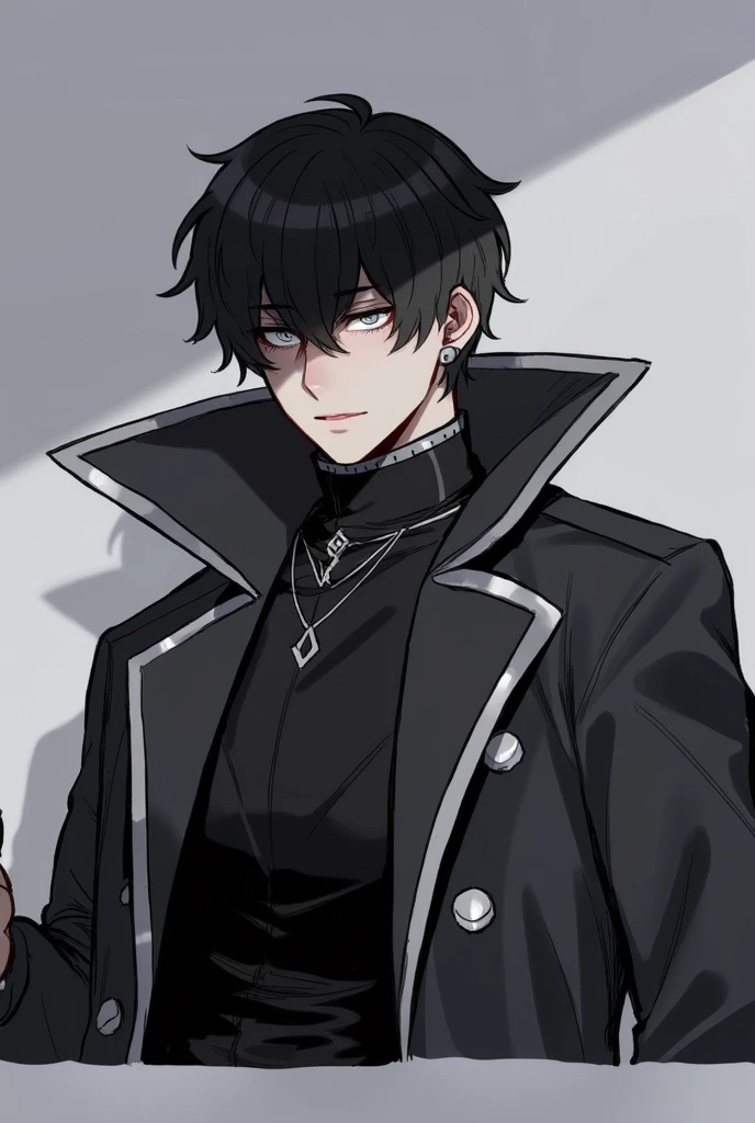 score_9, score_8_up, score_7_up, score_6_up, score_5_up, score_4_up, , a young man in his 20s with a emotionless expression and cold dead grey eyes that have a dim glow he has medium messy dark hair he wears a long black coat like jacket with a high collar...