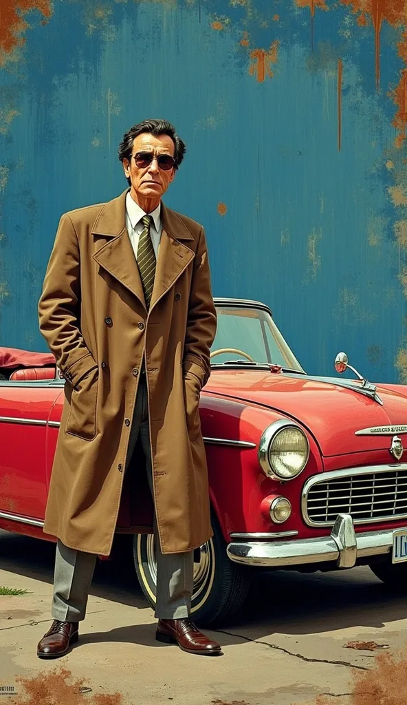 US TV drama promotional posters、Detective Columbo、Stand beside a dull blue ragged 1959 Peugeot 403 convertible、Vintage Car、 unkempt hair、 twirl、The brown trench coat of the dragonfly car 