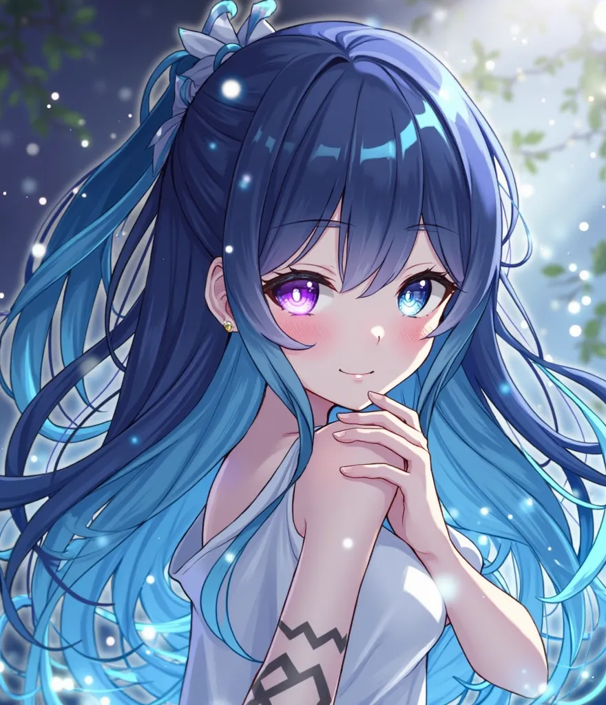  1girl ,  long hair, medium long hair, Double-colored hair,  Aqua Blue Hair ,  purple pupil, , Floating Water, Small particle, tattoo on arm,   Glowing Tattoo  , glowing pupils, Smile, ,
,masterpiece,Best Quality,Excellent quality,shine effect,  reverse ex...