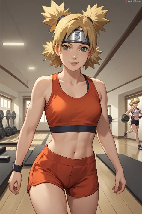  masterpiece,  better quality,  front visor ,  looking at the spectator, 1 girl, Alone, Interiors,  living room, Standing,  seductive smile , temari\(Boruto\), as a female natural bodybuilder, in a modern gym, wearing sport bra and skimpy sporty shorts