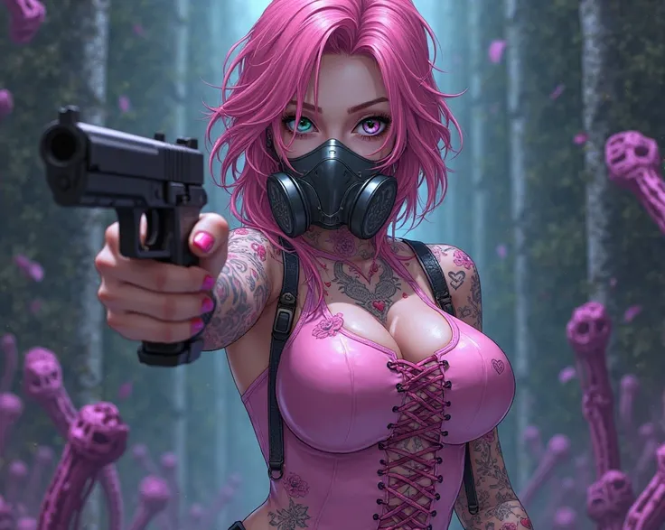 ((Alone)), close-up, Beautiful Woman with Heart Tattoos All Over Her Body, pink hair,  medium hair, wavy hair, side lock, Respirator Mask,  headgear ,  white breath , multicolor eye ,  Eyeliner, big breasts, Chest, zipper, Lace-up Embellished Pink Bodysuit...