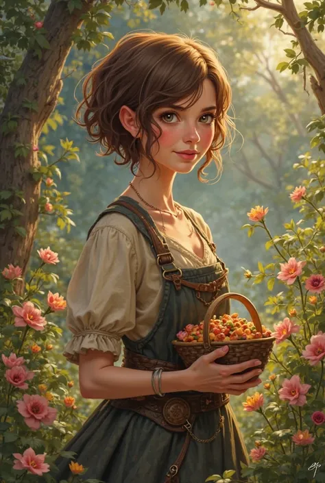 I want to crate a lady hobbit. She is tall for hobbit but still has some curves, looks like she knows how to cook.  she is 35, has very short  hair with brown and blonde reflects. she loves flowers and chickens