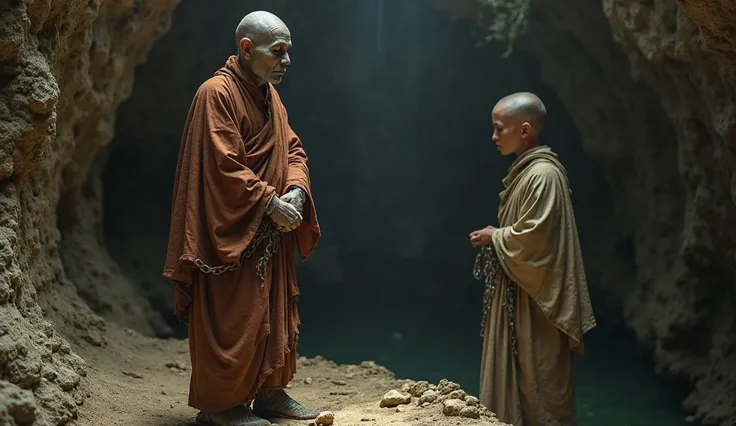 1 MONKS STANDING IN THE CAVE STANDING OPPOSITE It was the SOUL of a thin man, wearing a tattered monk's robe. His face was pale and haggard, his eyes were empty but filled with extreme suffering. Invisible chains wrapped around his body, as if they had bou...